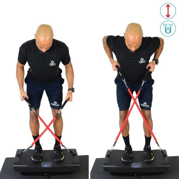 Ausgang- und Endposition der Übung Bend Over Row mit Widerstandsbändern und Vibrationsplatte