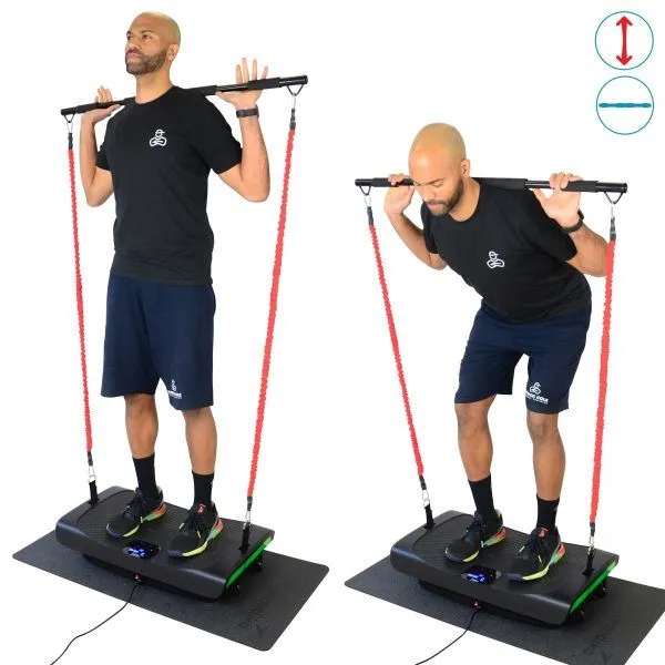 Ausgang- und Endposition der Übung Good Mornings mit Widerstandsbändern und Vibrationsplatte