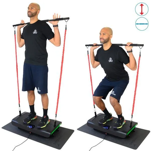 Ausgang- und Endposition der Übung Squats mit Widerstandsbändern und Vibrationsplatte