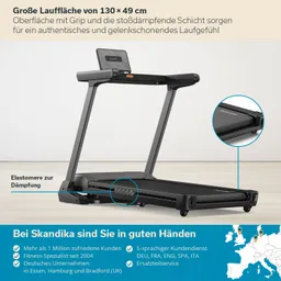 Laufband mit großem Display, Lauffläche und elastomerer Dämpfung, ergänzt durch Informationen zum Unternehmen und Service.