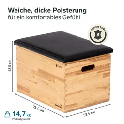 Holzkiste mit schwarzer Polsterung auf der Oberseite. Maße: 73,5 cm x 53,5 cm x 48,5 cm. Gewicht 14,7 kg.