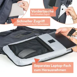 Rucksack mit mehreren Fächern, einschließlich einer vorderen Tasche und einem separaten Laptop-Fach. Hände zeigen auf verschiedene Fächer.