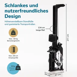 Wasser-Rudergerät mit höhenverstellbaren Standfüßen und gummierten Transportrollen. Maße: 211 cm hoch, 54 cm breit, 47 cm tief. Max. 180 kg Benutzergewicht, 200 cm Körpergröße. Produktgewicht 30 kg.