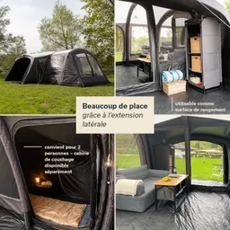 Zelt auf einer Wiese mit transparenten Fenstern, Innenbereich mit Sofa, Tisch und Stauraum. Verschiedene Perspektiven des Zelts.