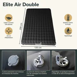 Luftmatratze Elite Air Double in Schwarz, Maße 200 x 135 cm, 16 cm dick, mit zwei Ventilen und wasserabweisender Oberfläche.