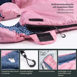 Rosa Schlafsack mit Reißverschluss und Klettverschluss. Innenseite mit geometrischem Muster in Blau. Optionale Zughilfe und Waschmaschinenfest.