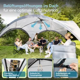 Grosser, halbrunder Pavillon mit Belüftungsöffnungen. Sechs Personen sitzen auf Stühlen, essen und trinken. Umgebung ist grün.