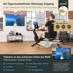 Person trainiert auf einem Rudergerät. Im Hintergrund steht ein Fernseher mit einem Landschaftsbild. Deckentext und Grafiken oben rechts.