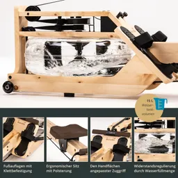 Holzrame mit transparentem Wassertank, Fußauflagen, ergonomischem Sitz und Griffen. Informationen zu Funktionen in unteren Bildern.