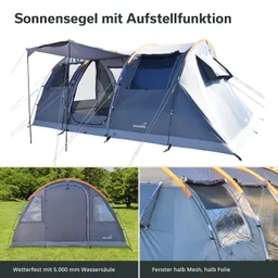 Das Bild zeigt ein Sonnenzelt mit Aufstellfunktion in grau. Es hat zwei Seitenansichten und Details. Das Zelt ist wetterfest mit einer Wassersäule von 5.000 mm. Fenster bestehen zur Hälfte aus Mesh und zur Hälfte aus Folie.