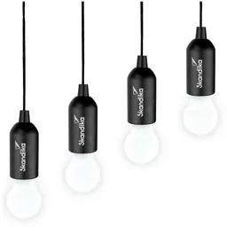 Vier hängende Lampen mit schwarzem Gehäuse und weißen Glühbirnen, mit dem Logo "Skanidika".