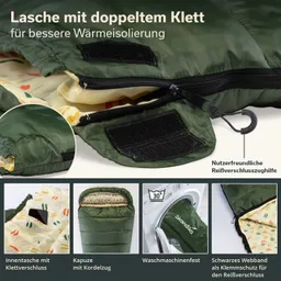 Grüner Schlafsack mit doppeltem Klettverschluss, Innentasche, Kapuze und Waschmaschinen-geeignetem Material.