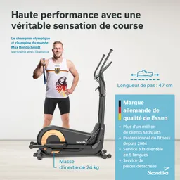 Ein Mann steht neben einem Ellipsentrainer. Er trägt ein Sportoutfit mit einem deutschen Wappen und hält Medaillen. Der Ellipsentrainer ist schwarz mit einem Holzelement. Texte in Französisch und Deutsch beschreiben die Produktmerkmale.