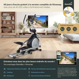 Fitnessgerät (Crosstrainer) im Wohnraum auf einem Holzboden, ein Fernseher zeigt Trainingseinstellungen, mobiles Gerät ist sichtbar.