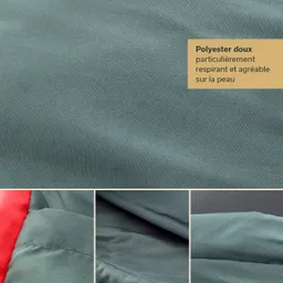 Dunkelgrüner Polyesterstoff mit einer glatten Oberfläche. Teilweise sichtbar sind eine rote Innenseite und zwei weitere Stoffpartien.
