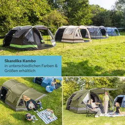 Verschiedene Zelte in unterschiedlichen Farben stehen auf einer Wiese umgeben von Bäumen. Im Vordergrund sitzen Personen auf Decken und Stühlen.