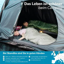 Zwei Personen liegen in einem Zelt auf Schlafmatten. Eine Person hat einen weißen Schlafsack, die andere einen grünen.