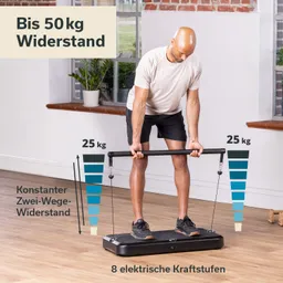 Person steht auf einem Fitnessgerät und hält einen Griff. Das Gerät zeigt Widerstandseinstellungen bis 50 kg.