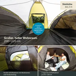 Zelt mit großen Wohnraum, zwei separaten Schlafkabinen und Fenstern. Innenbereich mit zwei Personen und Getränken.