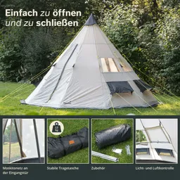 Zelt in konischer Form auf Rasen, umgeben von Bäumen. Möglichkeit für Moskitonetze und verschiedene Zubehörteile aufgezeigt.