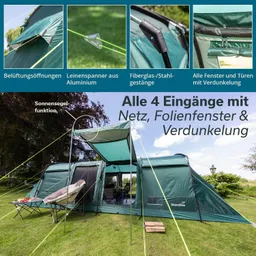Zelt in grün mit mehreren Eingängen, einem Sonnensegel und Sitzmöglichkeiten auf einer Wiese. Sonne scheint.