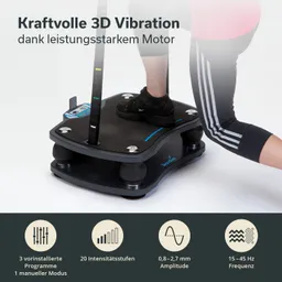 Plattform für 3D-Vibrationstraining mit Bedienelementen, auf der eine Person steht. Schriftzüge und Symbole an der Unterseite.