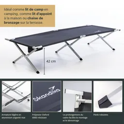 Klappbett in Schwarz mit silberner Aluminiumstruktur. Höhe 42 cm. Grafische Details zu Materialien und Eigenschaften.