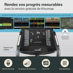 Fitnessgerät mit einem Bedienfeld, LED-Bildschirm, Tasten für verschiedene Funktionen und einem Tablet-Halter. Textinformationen zu Fortschritt, Kinomap und Programmen.