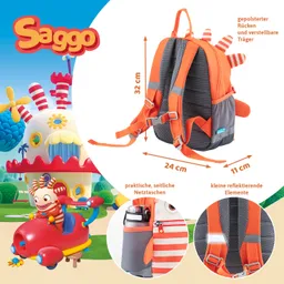 Rucksack in Orange mit gepolstertem Rücken, verstellbaren Trägern und seitlichen Netztaschen. Maße: 32 cm x 24 cm x 11 cm.