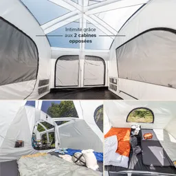 Ein weißes Zeltinterieur mit zwei abgetrennten Schlafkabinen. Sichtbare Schlafbereiche mit Decken und Kissen. Fenster und Türöffnungen.