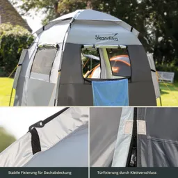 Zelt mit grauer Plane und transparenten Fenstern in einem Garten. Detailansichten von Dachfixierung und Türverschluss.