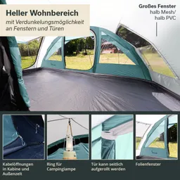 Heller Innenraum eines Zeltes mit grauem Boden, Fenstern aus Mesh und PVC sowie Zubehör für Kabel und Beleuchtung.