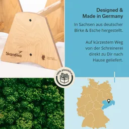 Holzstuhl von Skandika mit Logo. Textinformationen zu Herstellung in Deutschland, Material und umweltfreundlicher Lieferung. Karte von Sachsen.