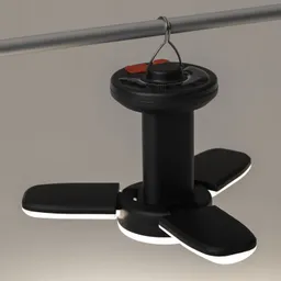Ein schwarzes Objekt mit drei Flügeln, das an einer Stange hängt. Es hat einen runden oberen Teil mit einem Hebel.