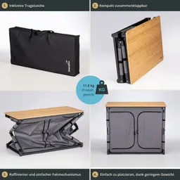 Faltbare Tisch und Tragetasche in quadratischen Abschnitten. Oben links: Tragetasche. Oben rechts: Tisch zusammengeklappt. Unten links: Tisch offen mit grauem Stoff. Unten rechts: Tisch in Platz sparender Position. Gewicht: 11,8 kg.
