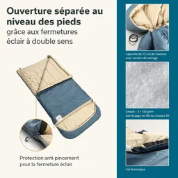Schlafsack mit beige-blauem Design, offener Kapuze und doppeltem Reißverschluss. Detailansicht mit Merkmale.