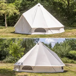 Zelt in konischer Form auf einer Wiese, umgeben von Bäumen. Zeltfarbe: Weiß mit Fenstern und Spannseilen.