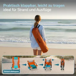 Eine Person mit langen Haaren steht am Strand, trägt eine blaue Bluse und hält eine orangefarbene Tragetasche. Am unteren Bildrand sind Schritte zum Einklappen eines Campingstuhls dargestellt.