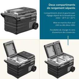 Kühlbox mit zwei separaten Fächern, Temperaturregelung von -20 °C bis +20 °C, leicht zu öffnende Deckel.