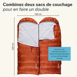Zwei orangefarbene Schlafsäcke werden gezeigt, kombiniert zu einem doppelten Schlafsack. Innen musterweise gestrickt, inklusive Maßangaben.
