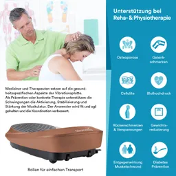 Vibrationsplatte auf einem Tisch, eine Person sitzt und wird von einer anderen Person behandelt. Textinformationen zu gesundheitlichen Vorteilen.