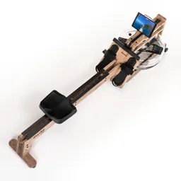 Rudermaschine aus Holz mit Sitz, Fußschlaufen und einem transparenten Wassertank. Smartphone auf Halterung.
