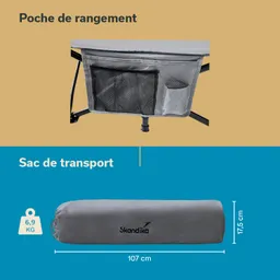 Auf dem Bild sind zwei Produkte abgebildet: oben eine schwarze Aufbewahrungstasche an einem Tisch, unten ein grauer Transportbeutel mit den Maßen 107 cm und 17,5 cm.