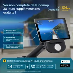 Tablet auf Halterung mit Trainingsvideo, Informationen zu Kinomap-Abonnement und kostenloser Testzeitraum.