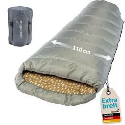 Schlafsack in grau mit Innenfutter in gelb und weißen Punkten, Maßangabe 110 cm, daneben komprimierter Packsack.