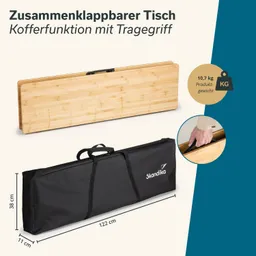 Zusammenklappbarer Tisch mit Kofferfunktion und Traggriff. Abgebildet sind Tischplatte und Tragetasche mit Maßen.