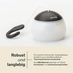 Campinglampe mit einem runden, weißen Kunststoffkörper und einem braunen, abgerundeten oberen Teil. Ein Haken ist am Körper angebracht.