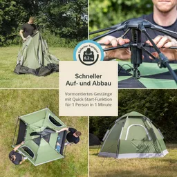 Zeltaufbau in grünem Design mit Person, die Gestänge montiert. Diverse Ansichten des Zeltes in natürlicher Umgebung.