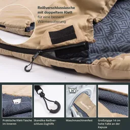 Detailansicht eines beigefarbenen Schlafsacks mit Reißverschluss, Klettverschluss und Innenfächern auf blauem, gemustertem Stoff.