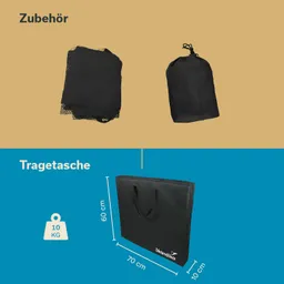 Drei schwarze Taschen sind abgebildet: eine Netz- und eine Tragetasche sowie eine große Tragetasche mit Maßen und einem Gewicht von 10 kg.